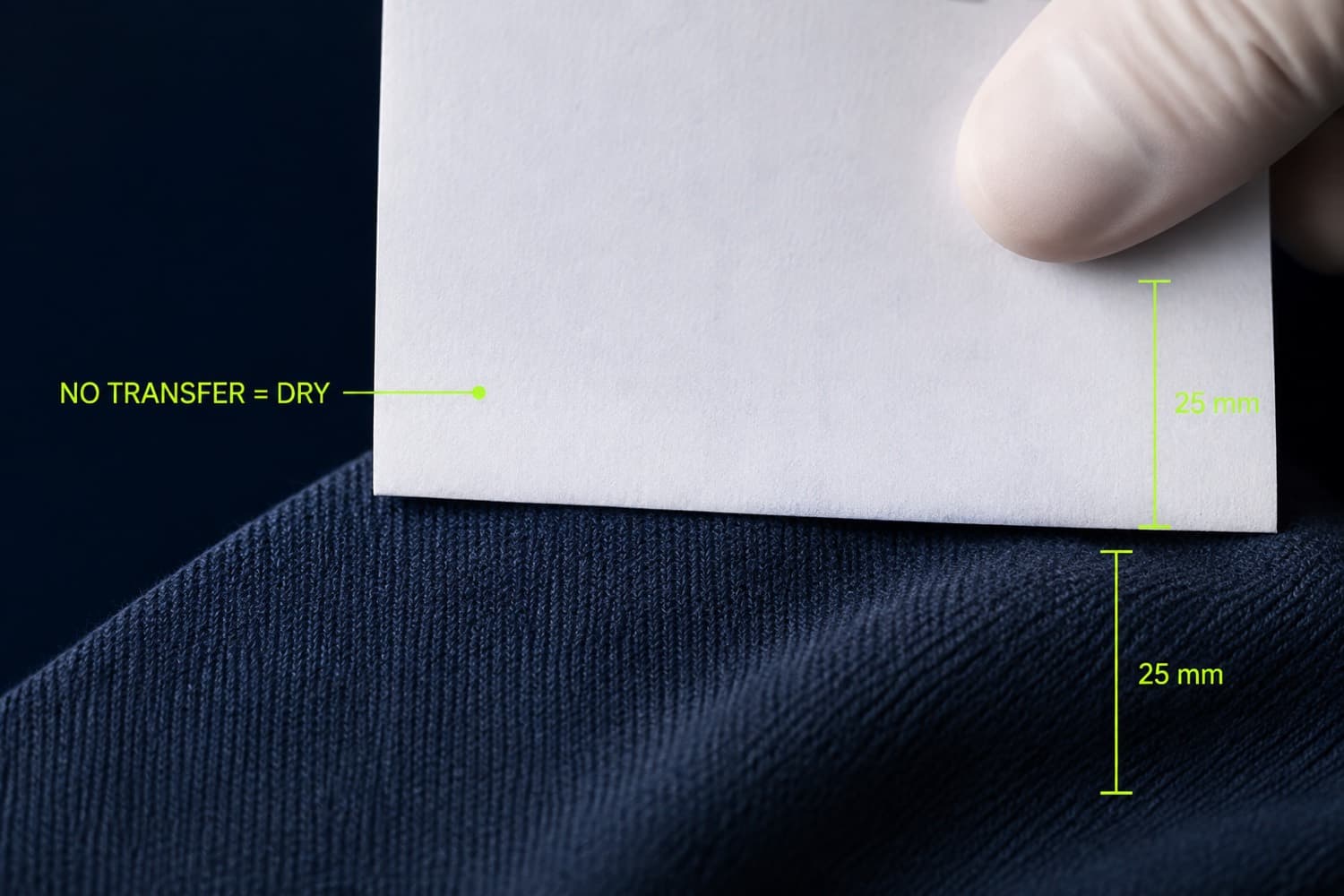 Dry paper pressed against a damp fabric swatch and lifted away clean, which is how the test ends.