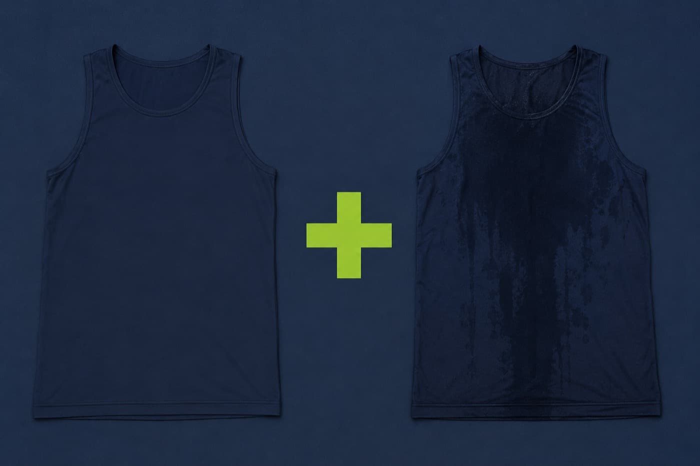 Two identical training tanks laid side by side, one dry and one soaked through, joined by a plus sign.