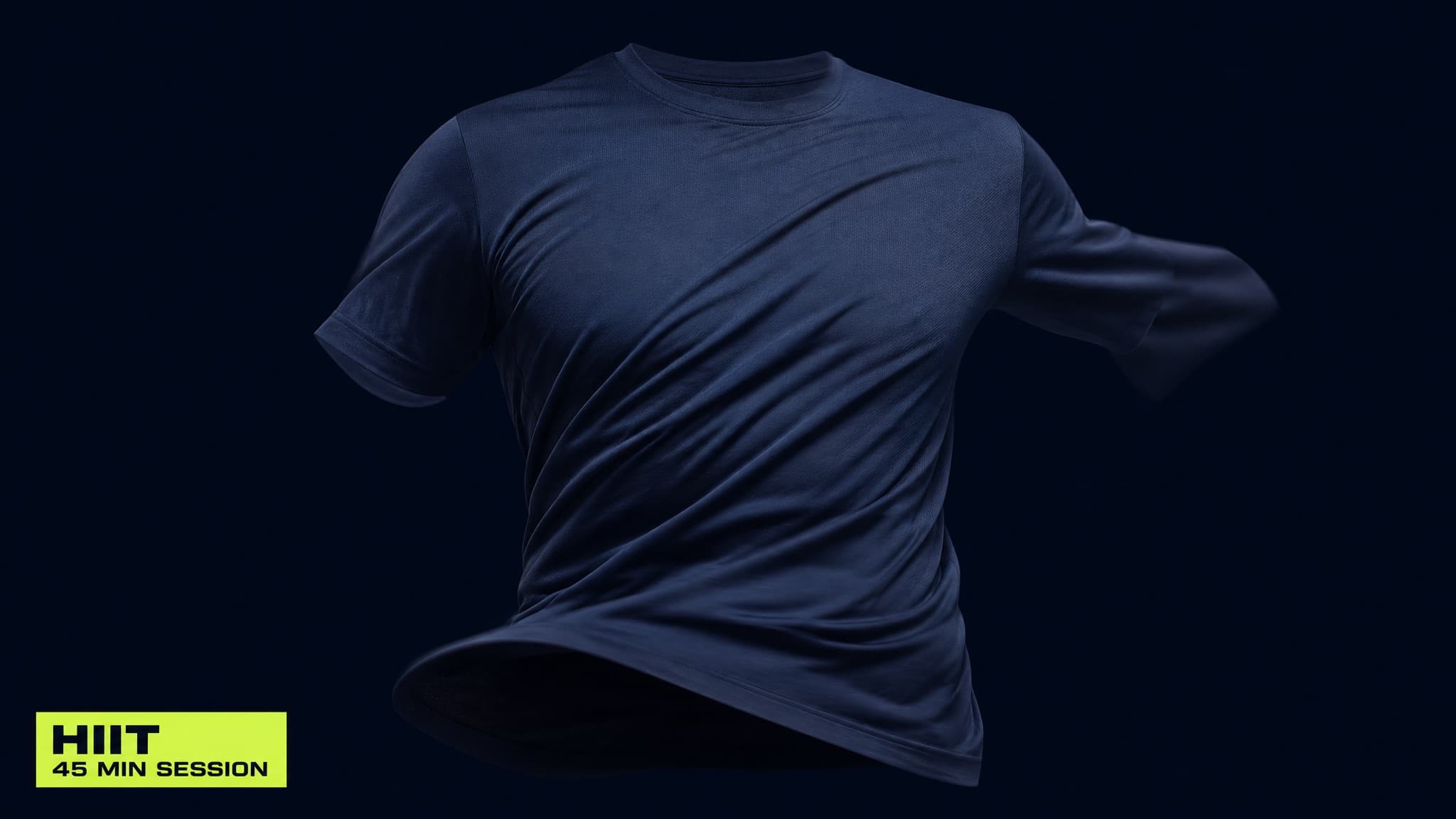 Frame one of three. The same training tee during a session, sleeve and hem lifted by movement, captioned HIIT 45 minute session.