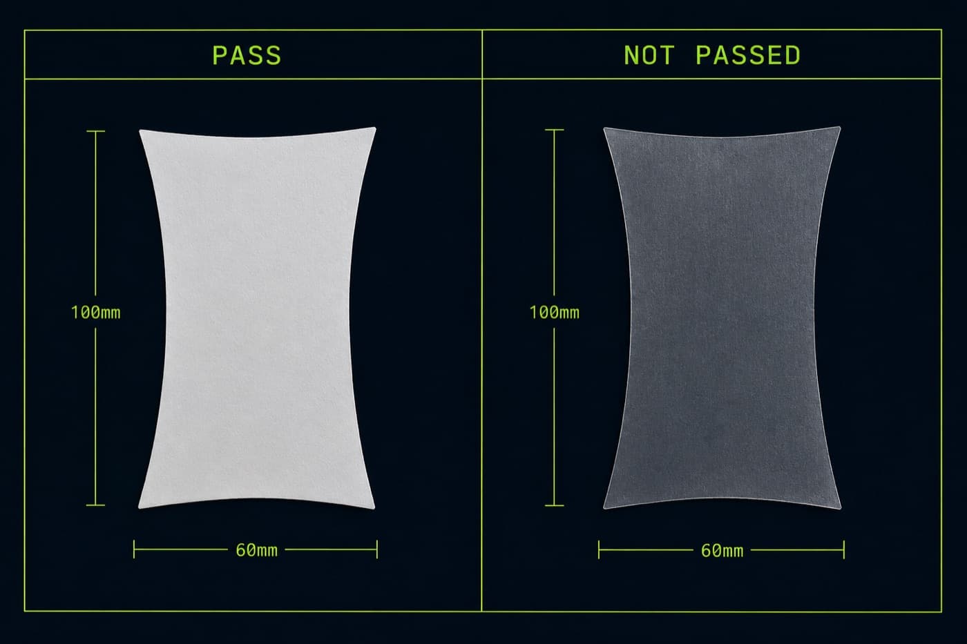 Two-column result card showing a passed opaque swatch and a not-passed translucent swatch.